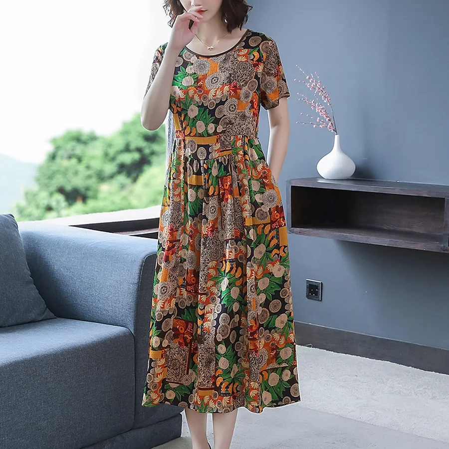 2024 Vintage Print Natural Silk Midi Dresses Summer Fashion New Office Lady Runway Dress Elegant Women Bodycon Party Vestidos