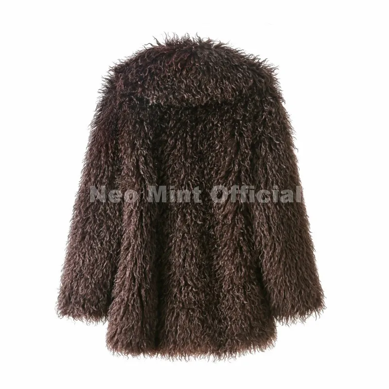Neo Mint Winter 2025 Trend Burgundy Obsession Long Faux Mongolia Sheep Fur Jacket Coat Women Chic Lapel Collar Fluffy Overcoat