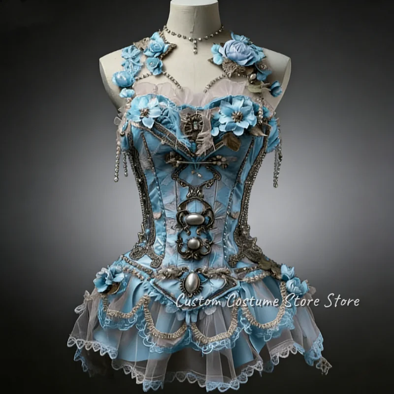 

Mini Blue Civil War Ball Gown Sleeveless 3D Beaded Embroidery Corset Waist Ruffled Hem Prom Gown Customized dresses for women