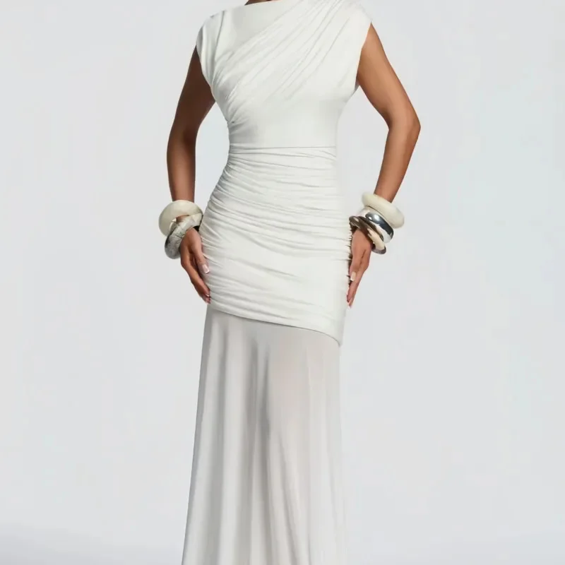 Women Sexy Bodycon Maxi Dress Mesh Patchwork Sleeveless Slim Hip Evening Party Elegant White Asymmetric Long Vestidos Female