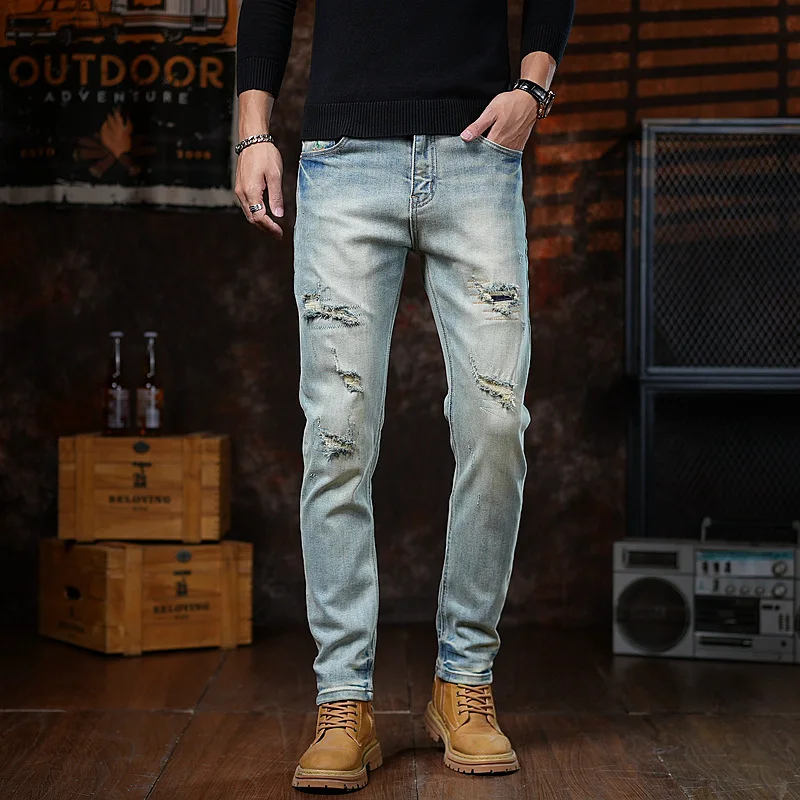 

High end retro jeans, men's trendy brand, ripped hole, rugged and handsome American style 2025 new slim fit small leg pants