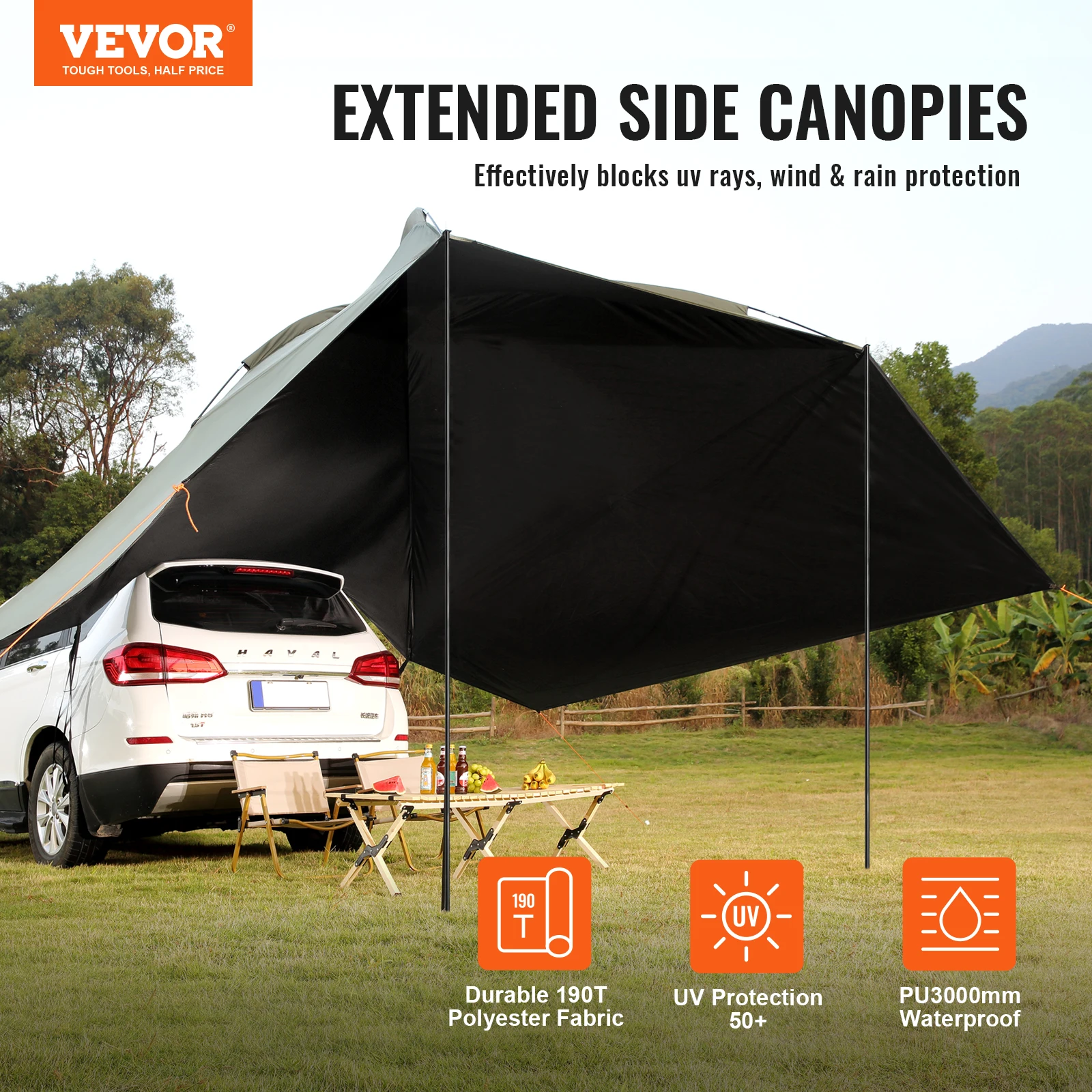 VEVOR Vehicle Awning Large 10' x 7' Shade Coverage Car Side Awning PU2000mm UV50+ Car Awning Extended  Canopies and Storage Bag