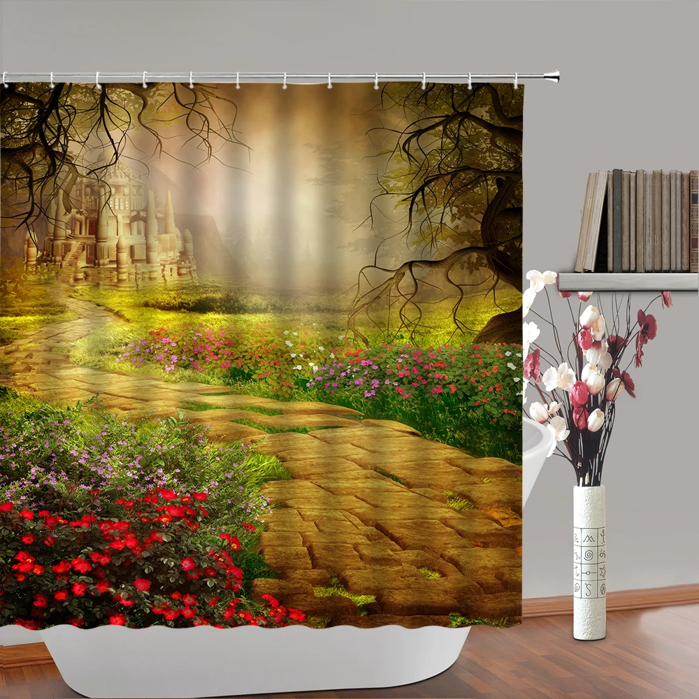 Psychedelic Mushroom Shower Curtain Magic Forest Deer Crane Butterfly Moon Bathroom Decor Waterproof Fabric Bath Curtain 180X180