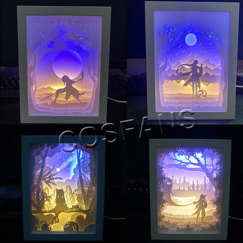 Genshin Impact Hutao Beelzebul Xiao Ganyu Nachtlampje Papier-Cut Sfeer Lamp 3D Papier Carving Art Lamp Usb Power voor Slaapkamer