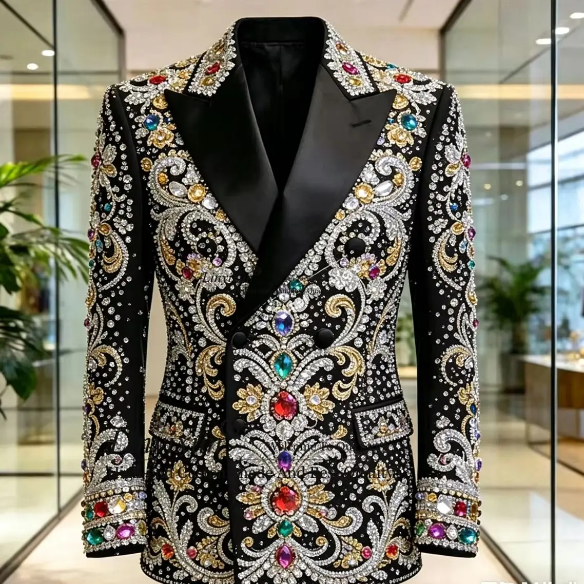 

High End Diamond Crystals Men Suits 2 Pieces Sets Groom Slim Fit Blazers Customized Wedding Party Tuxedos rajes para hombre