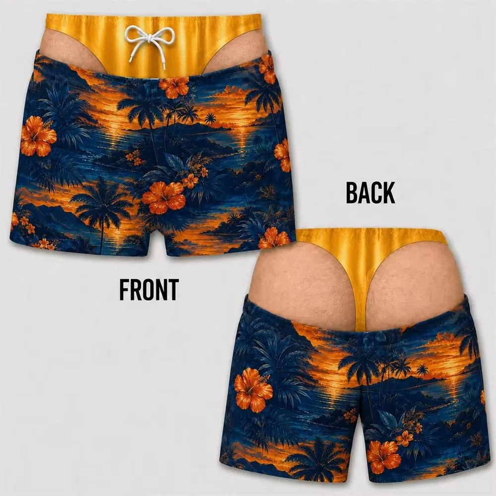 Men Funny Fake Two Piece Boardshorts Optical Illusion Thong Print Beach Shorts Novelty Hilarious Swim Trunks for Summer Holiday