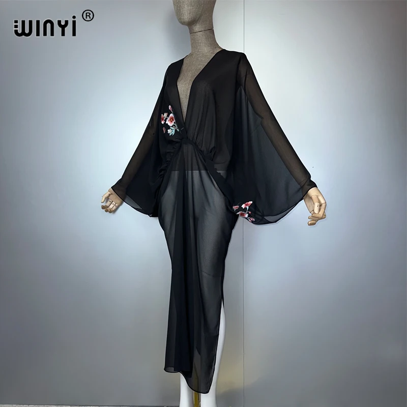 WINYI Embroidered perspective sexy deep V dress Muslim Abaya Lady beach cover up Beachwear fashion Kaftan abaya dubai luxury