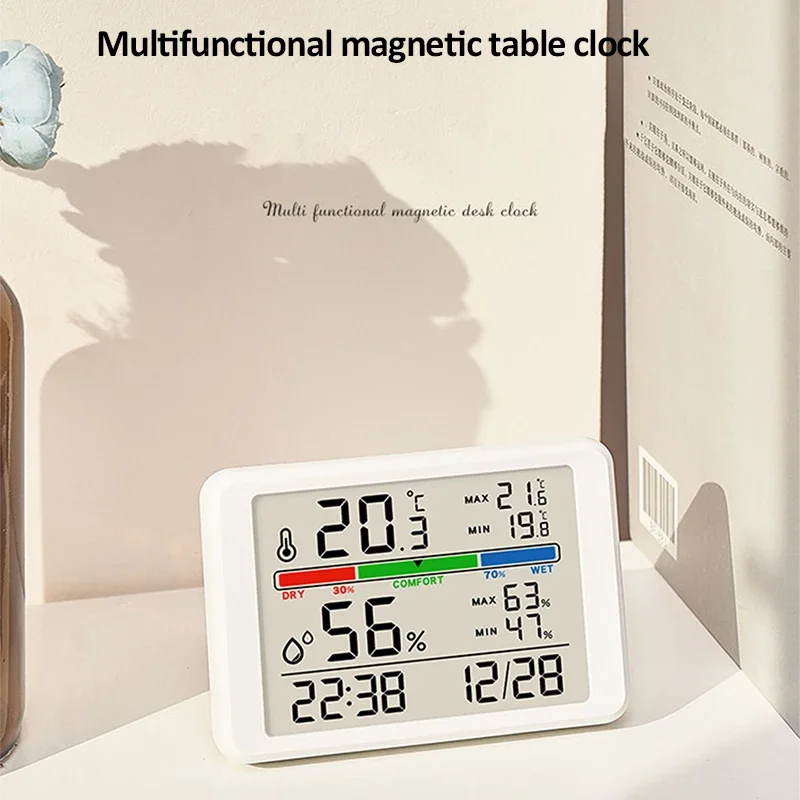 رقيقة جدا بسيطة منبه رقمي درجة الحرارة الرطوبة تاريخ الراحة عرض عرض التصميم المغناطيسي ساعة سطح المكتب الإلكترونية