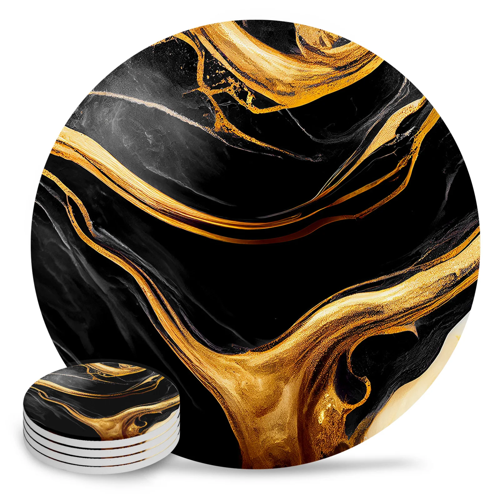 Marble Texture Black Round Coaster Coffee Table Mats Kitchen Accessories Absorbent Ceramic Coasters