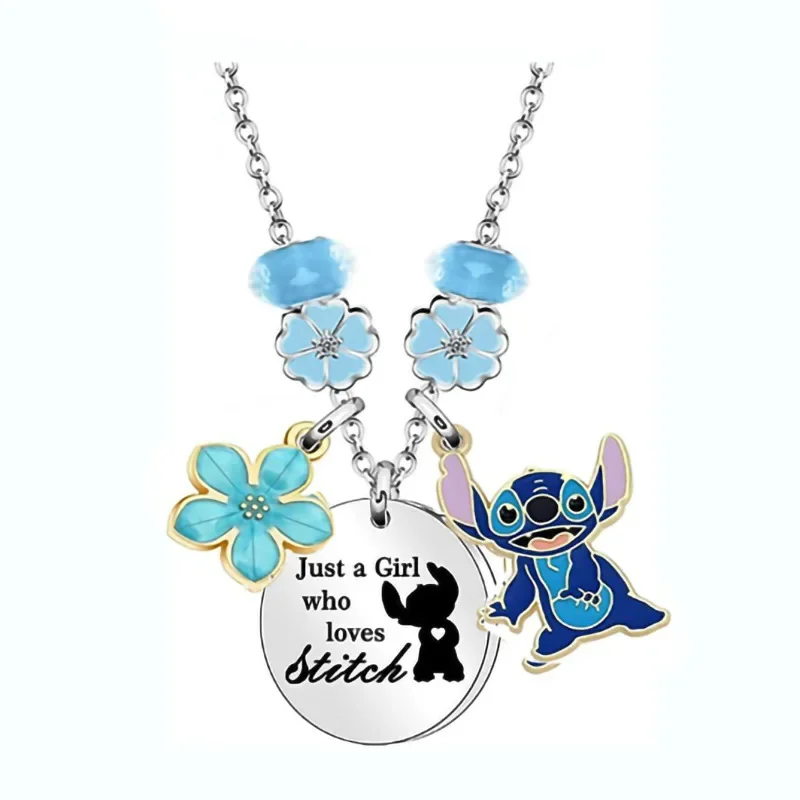 

Disney Cartoon Stitch Heart Necklace Stitch Kawaii Printed Glass Pendant Kids Handmade Fashion Jewelry Girls Birthday Gifts