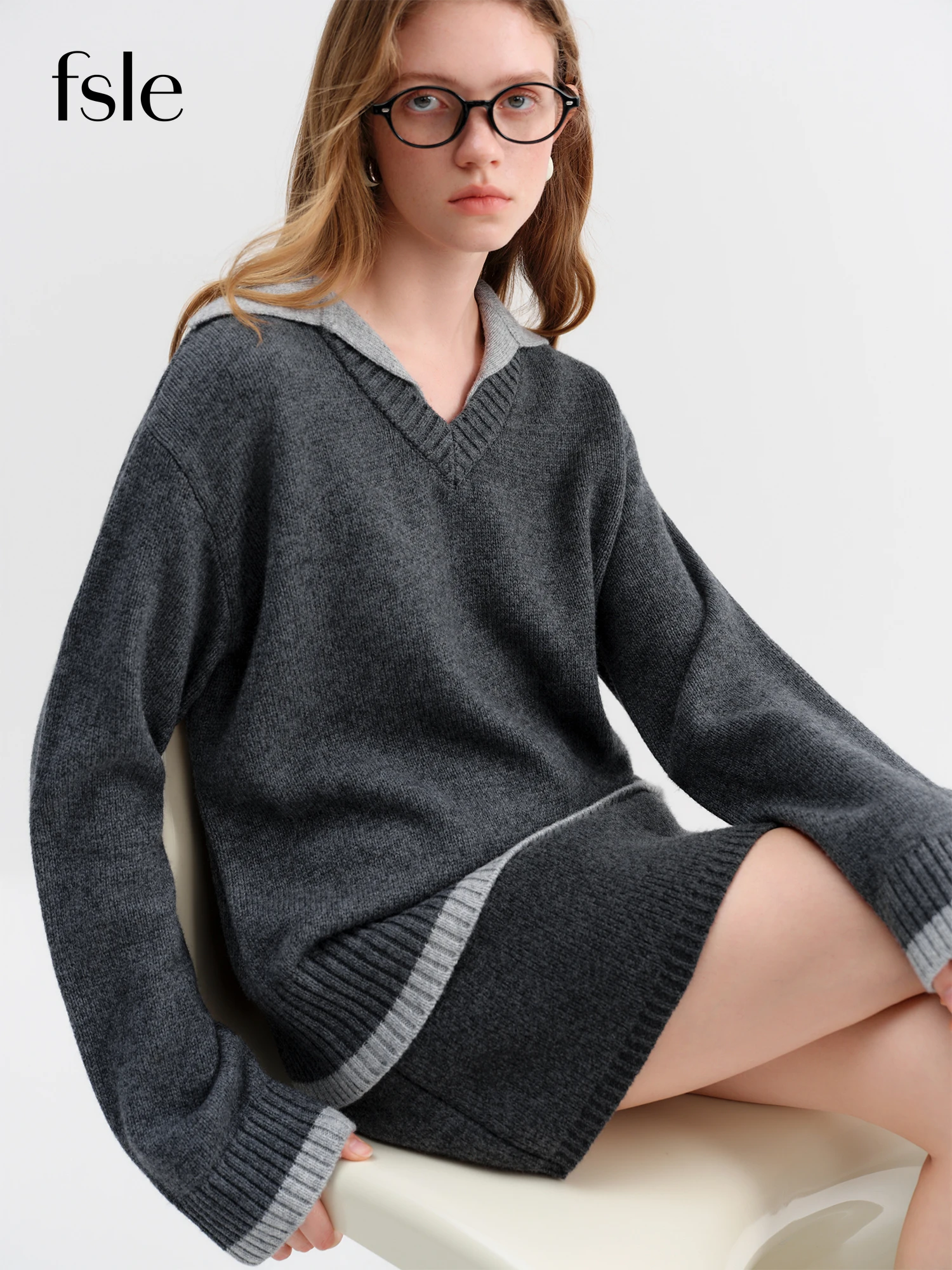 

FSLE поддельные пуловеры из двух предметов, женский свободный повседневный свитер с лацканами контрастного цвета для женщин, зима 2025, новый стиль