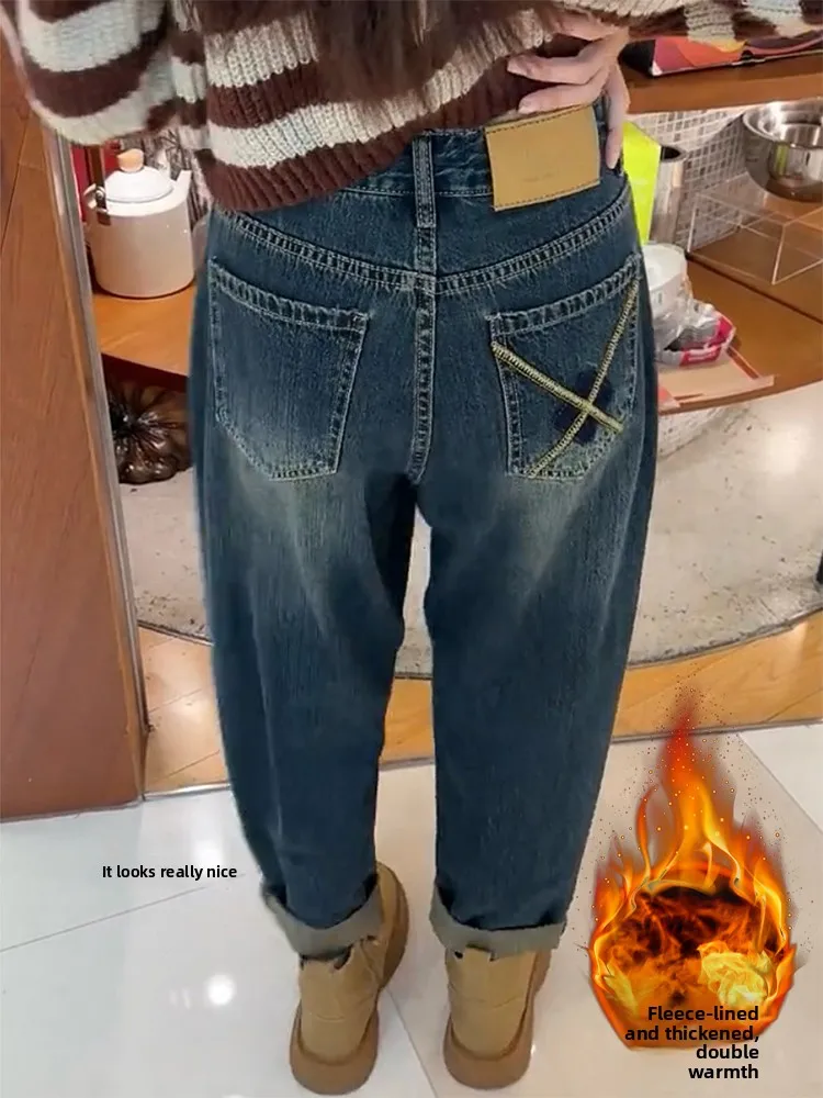 

Женские джинсы больших размеров с высокой талией Thiened Fce на подкладке в стиле Харадзюку, осень-зима, свободные утягивающие брюки для папы-морковки