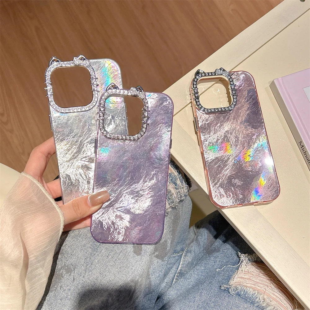 

17 Pro Max Luxury Glitter Rhinestone Kitty Cat Ear Phone Case for iPhone 16 15 14 13 Pro Gradient Laser Tinfoil Print Cover
