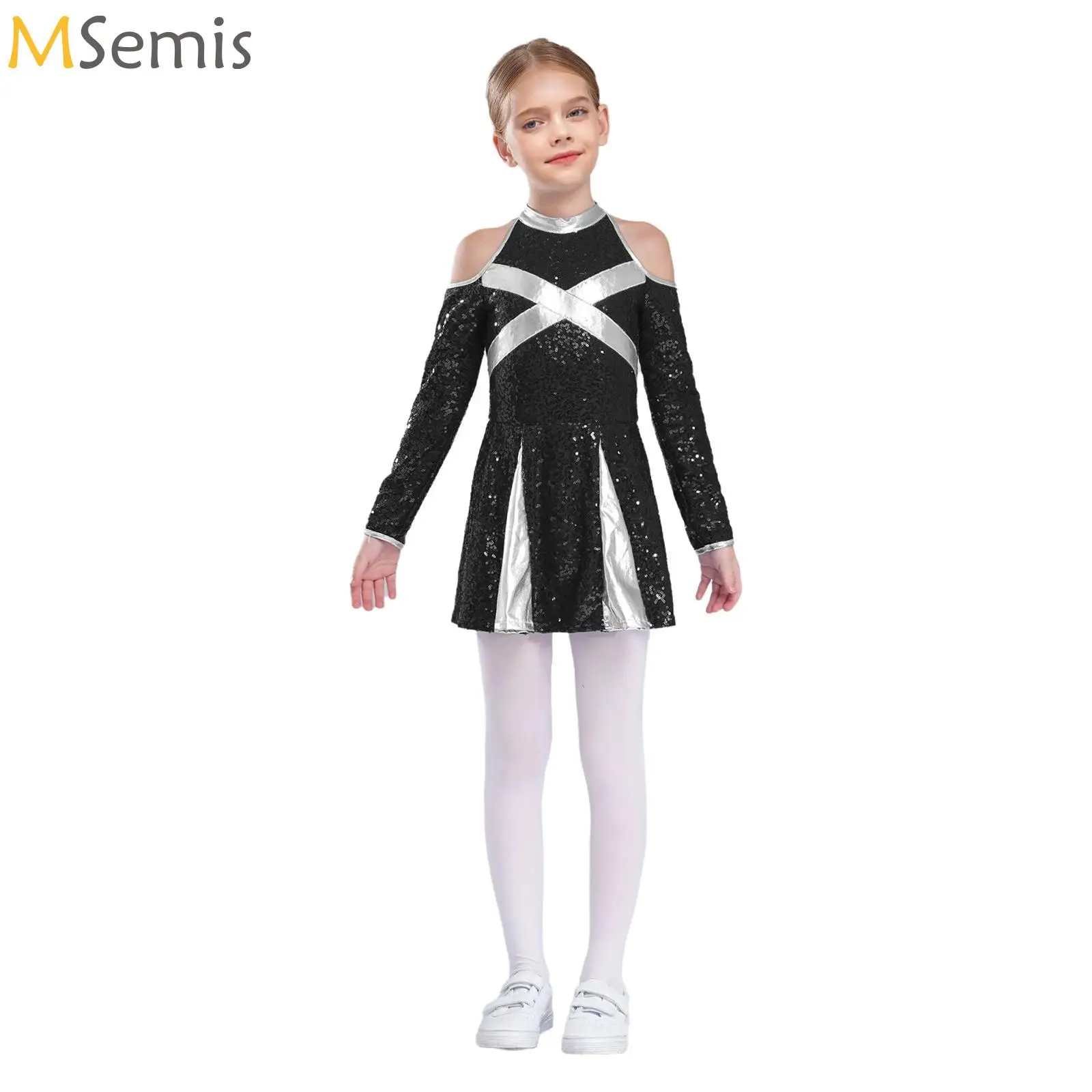 

Kids Girls Cheerleading Uniform Cold Shoulder Long Sleeve Sequin Dress Jazz Modern Ballet Dance Leotard Tutu Cheer Costume