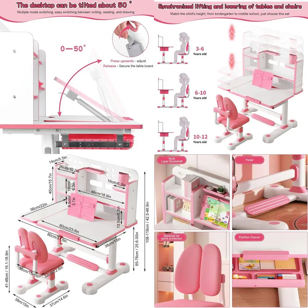 

Adjustable 50° Pink Kids Study Desk and Chair Set with Storage Drawers and Bookshelf