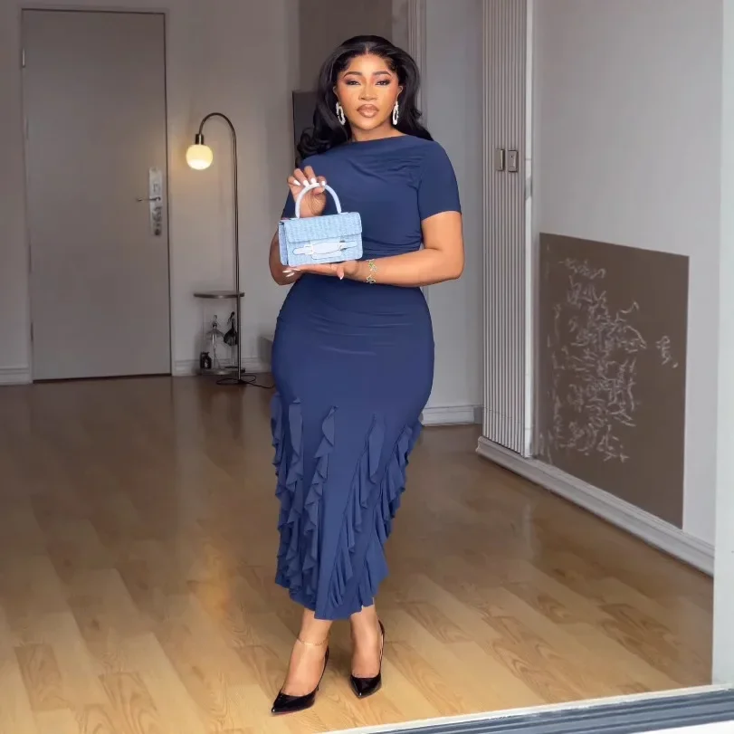 فساتين Dashiki الأفريقية للنساء أنيقة صيفية بأكمام قصيرة من البوليستر باللون الأسود والأزرق فستان طويل ملابس أفريقيا #5