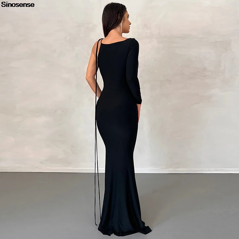 Womens Elegant Wedding Guest Cocktail Party Maxi Dress Sexy One Shoulder Long Sleeve Slim Bodycon Club Dinner Evening Dress