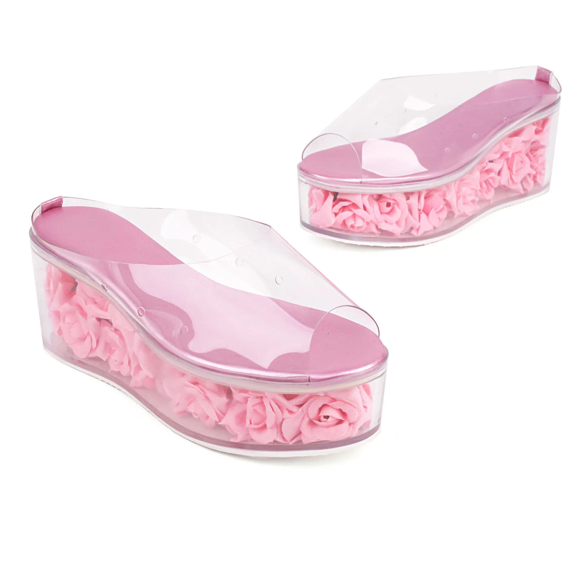 

PVC Transparent Peep Toe Platform Summer Women Slippers Rose Flowers Wedges High Heels Slip On Design Fashion Shoes