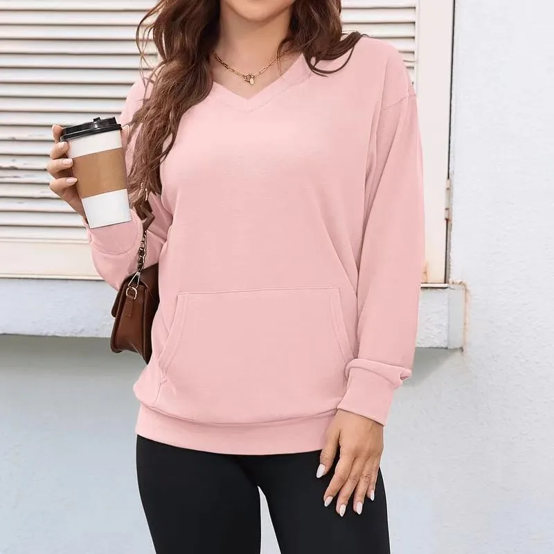 

Casual Loose Sweatshirt Hoodie for Women 2025 Autumn Solid Color V-neck Long Sleeved Outerwear Pullover Top with Pocket Daily
