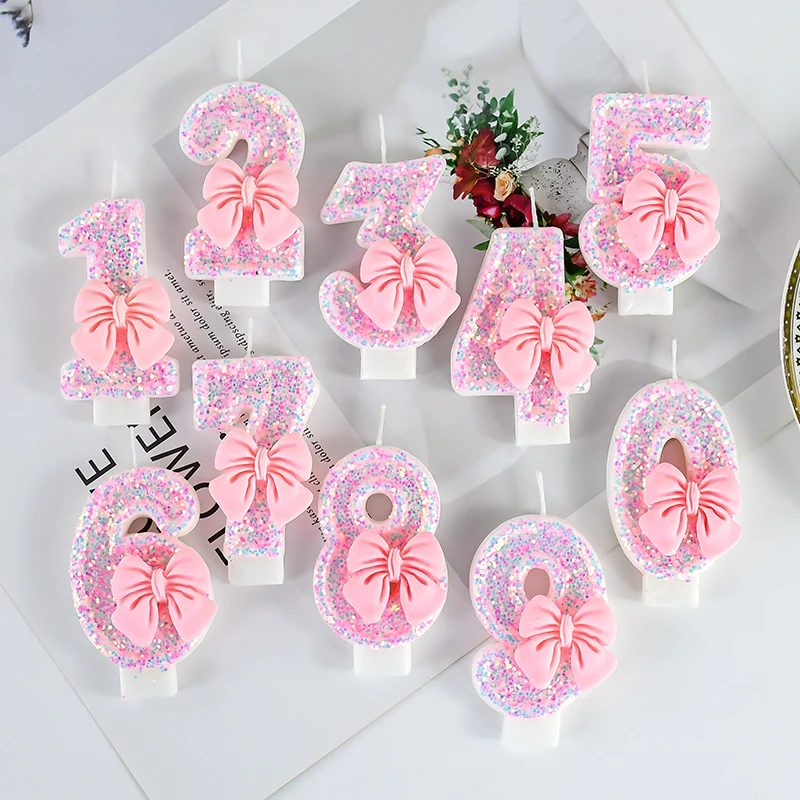 Number 0-9 Pink Cake Candles with Bowknot for Girl Theme Birthday Party Baby Shower Cake Candles Cupcake Topper Decorations