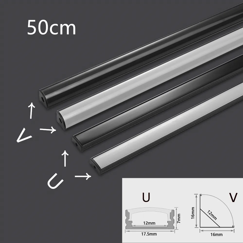 

Black 50cm 1-30Pcs/lot LED Aluminum profile 0.5m/pcs U/V shape for 5050 2835 3528 LED Strip Bar channel White/Black Cover