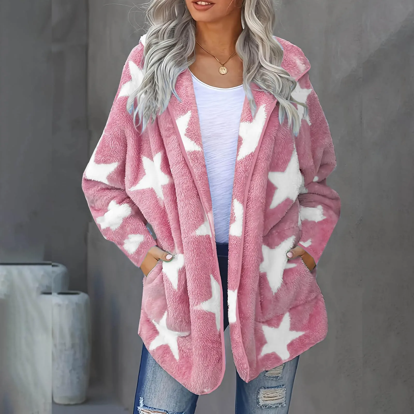 Women's Stars Print Long-sleeved Cardigans Fleece Loose And Warm Mid-length Plush Windbreaker Female Coat Fleece Jackets