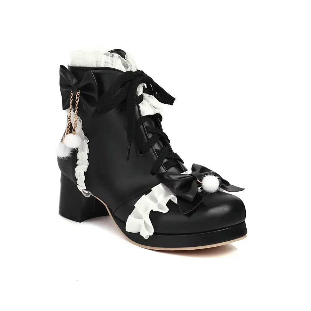 

Женские милые ботинки в стиле Лолиты, ботильоны на массивном среднем каблуке с бантом на платформе, шнуровка, ботильоны с плюшевой подвеской в виде шара, большие размеры 31-48