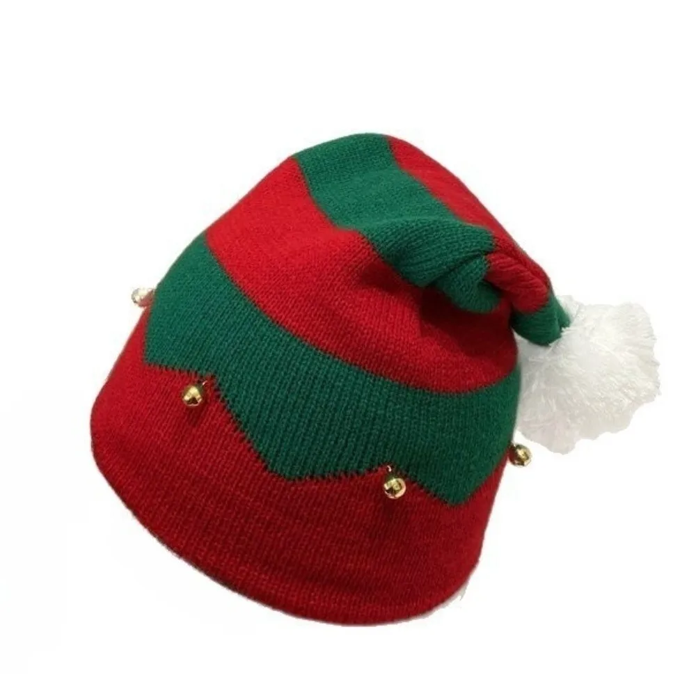 Winter Christmas Hat Red Green Color With Bells Cosplay Costume Hat Christmas Decoration With Pompoms Knitted Beanie Hat