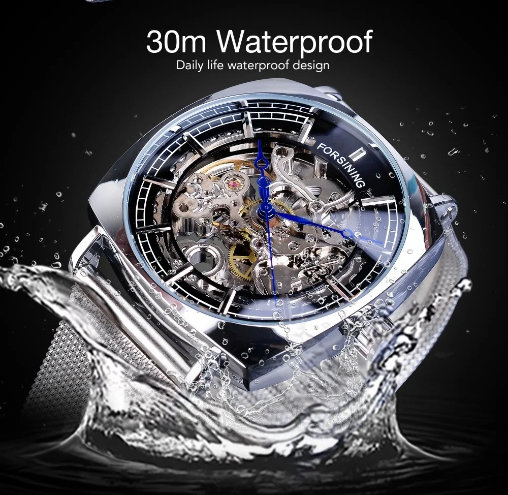 Forsining 242G Fashion Luxury Band Automatic Mechanical Watch For Men Square Skeleton Analog Mesh Steel Clock Relojes Hombre