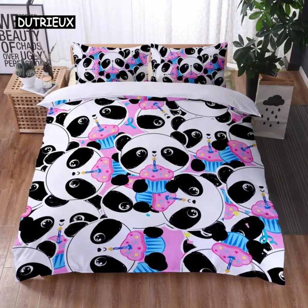 

Cartoon Panda Duvet Cover Set King Cute Panda Drinking Water Twin Bedding Set Microfiber Kawaii Black White Bear Comforter Cover