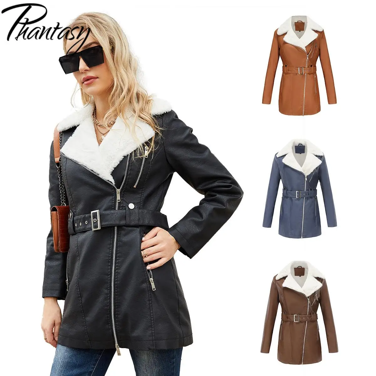 Phantasy Office Lady Streetwear Leather Jacket Women Two-Way Zipper Casual Fashion Coat Female Pockets Retro Clothes Winter