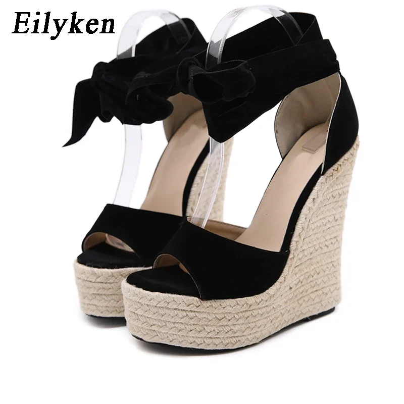 Eilyken Summer Butterfly Knot Open Toe Women Sandals Fashion Solid Platform High Heel Wedge Shoes Ankle Lace-up Pumps
