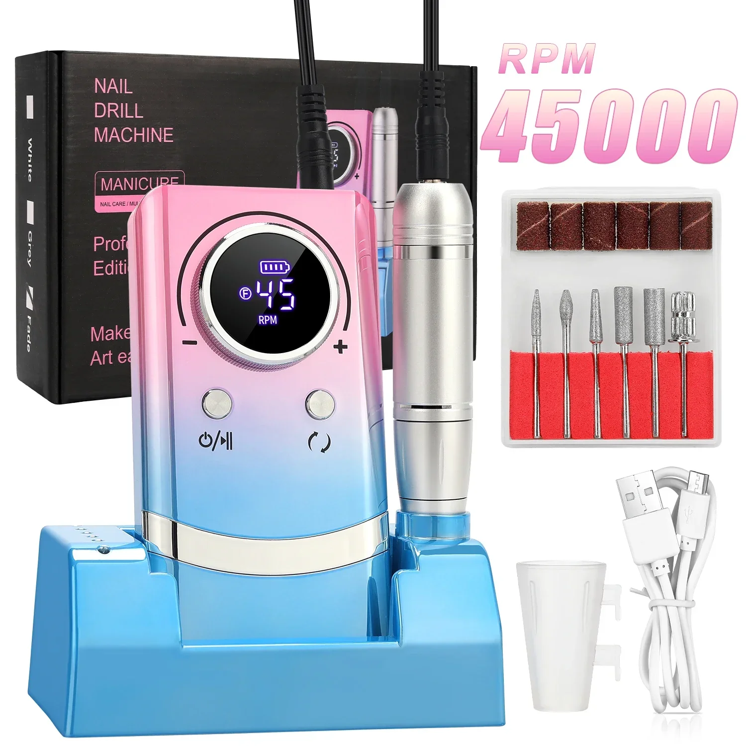 

45000RPM Electric Nail Drill Machine Professional Nail Drills for Gel Nails Polish Rechargeable Portable Nail File Manicure Tool