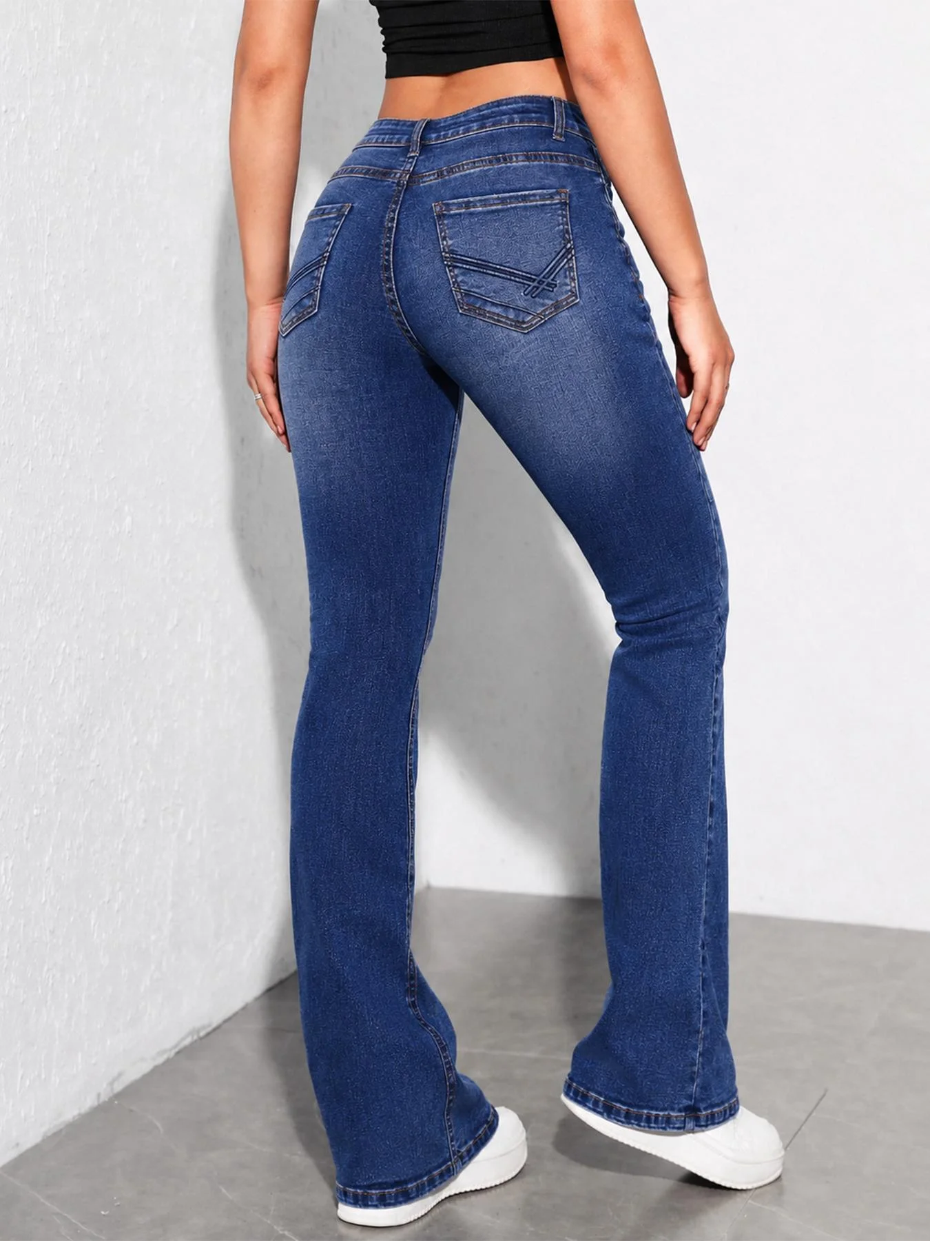Women's Vintage High-Waist Slight Flare Cropped Stretchy Denim Jeans - Distressed Pocket, Button Accents, Everyday Streetwear