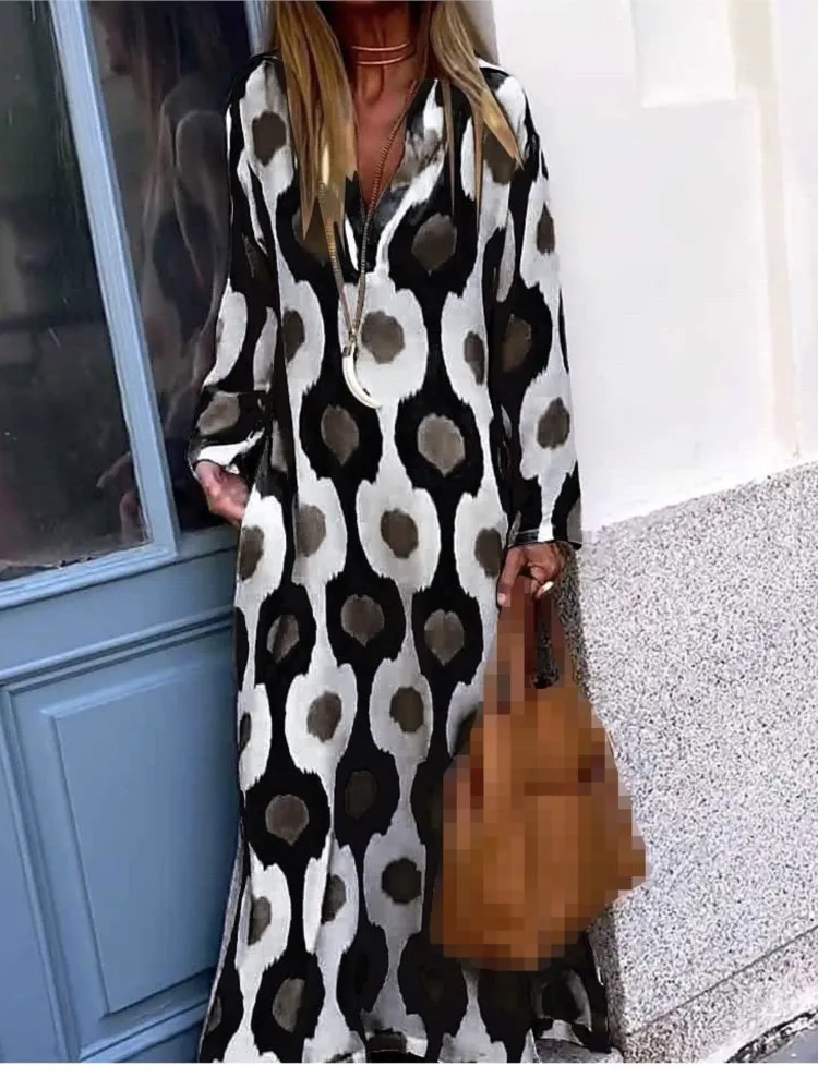 Maxi Dress 2024 Autumn Causal V Neck Long Sleeve Dresses Female Holiday Beach Boho Dress Vestidos Women Geometric Printing Split