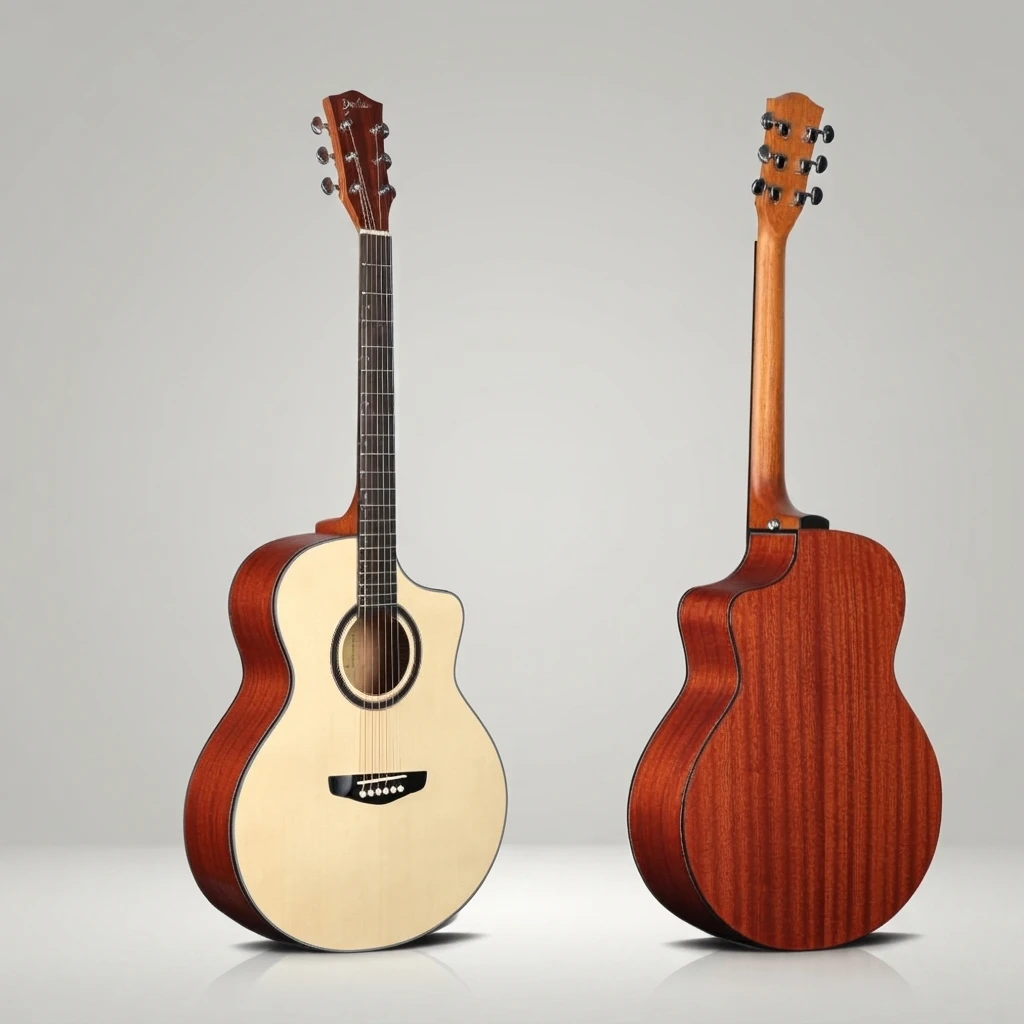 Acoustic Guitar 6 String Cutaway Natural Top Brown Back Sides Chrome Tuners Dot Inlay White Bridge Pins Glossy Body Slim Neck