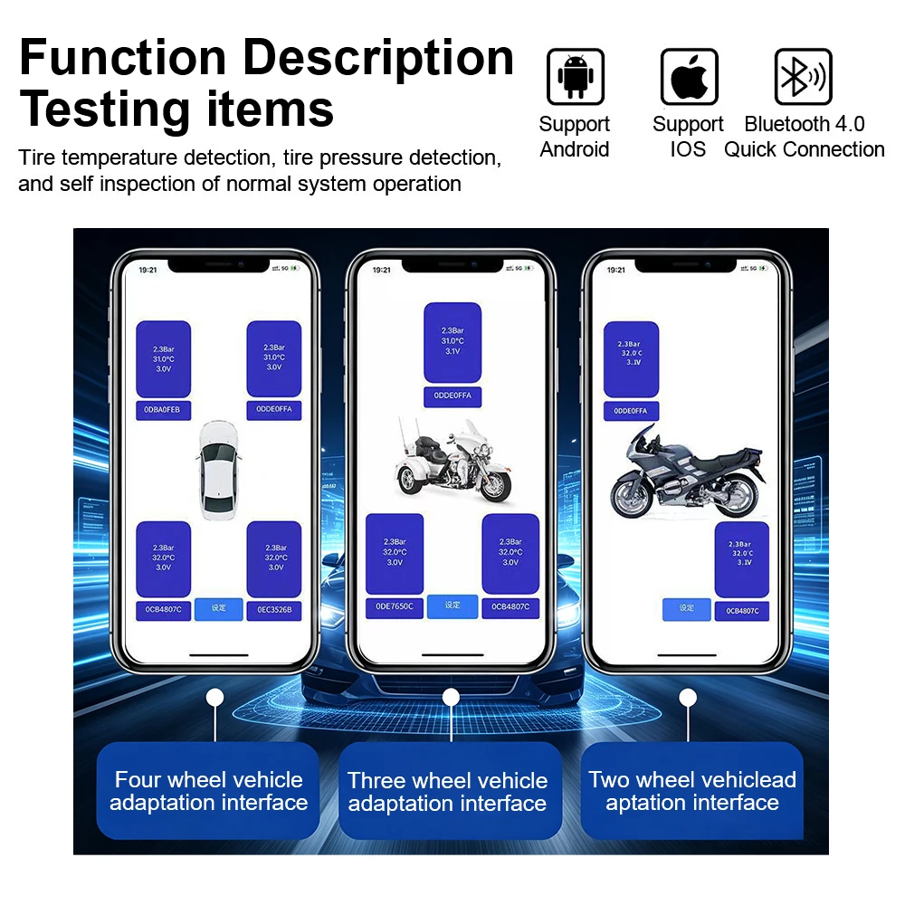 Motorrad- und Auto-Universal-Telefon-Display, externer Alarm, Reifendrucksensoren, Auto-TPMS-Reifendrucküberwachungssystem, 2/4 Stück – Detail 6