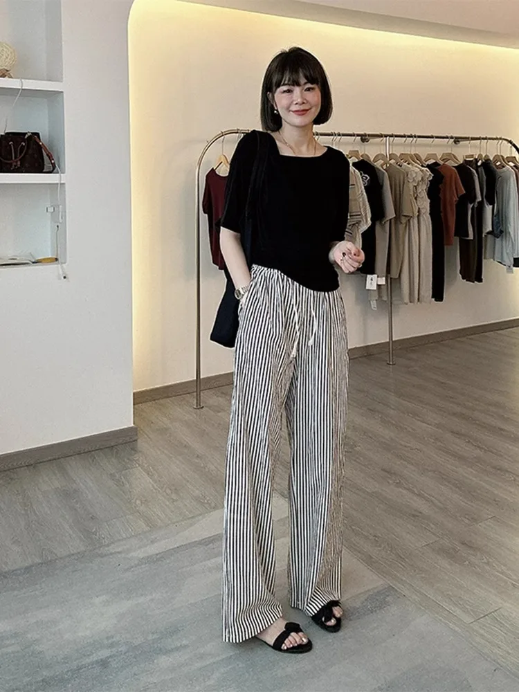 Korean Style Casual Wide Leg Pants Women's Thin Loose Striped Summer Trousers High Waist Long Pants Thin Material