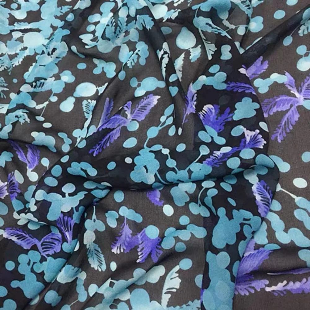Small Blue Floral Design Soft Elegant Silk Georgette Fabric for Women Lady Saree Dress Shirt Pajama Shawl