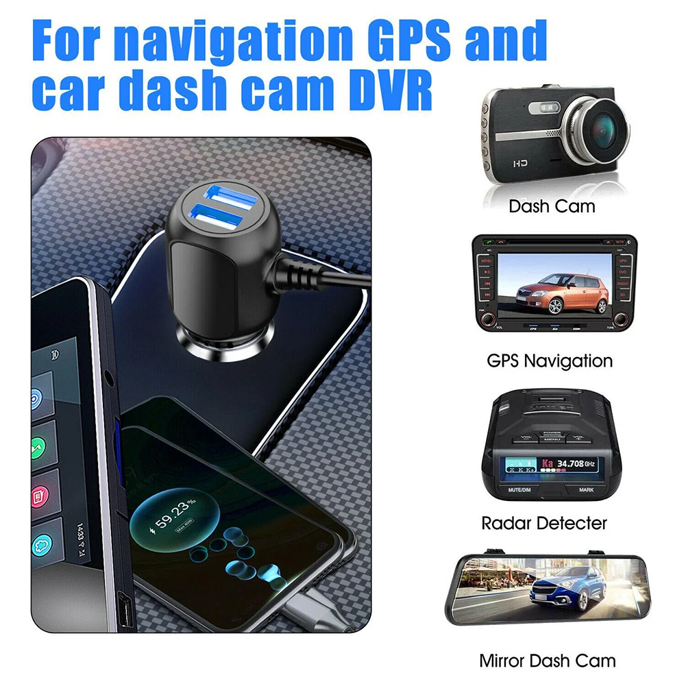 ABS Dash Cam Car Charger 2in1 Multi function 5v Blue LED Light Fire Resistant ABS Multi function 12v 24v Voltage Display