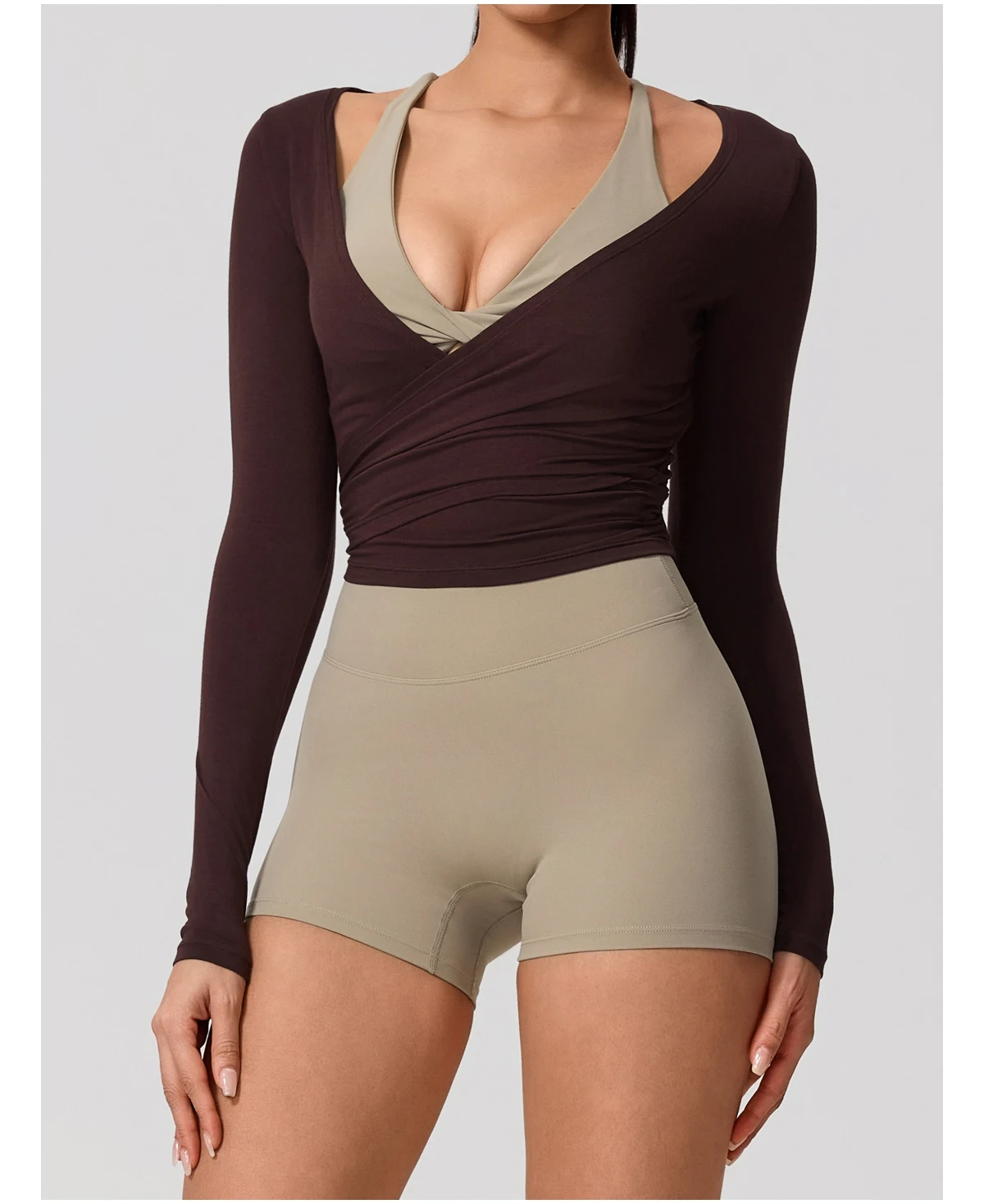Neues Sommer-Damen-Yoga-Langarm-Einteiler-Oberteil mit Trägern – Premium-Ballett-Wrap-Top für Damen – Sport-Top für das Training – Detail 18