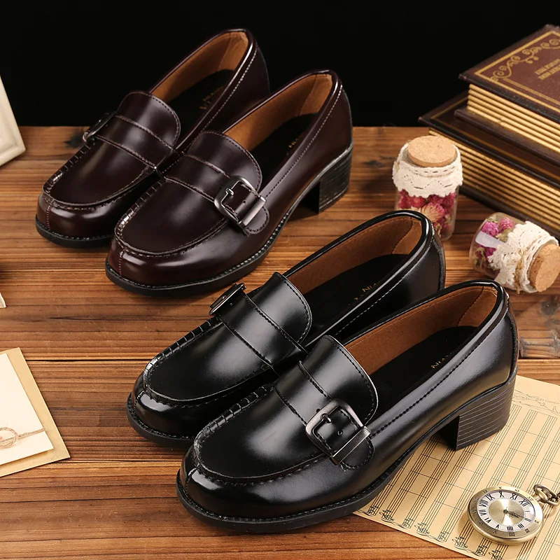 

Black Brown College Shoes Buckle Strap Women Shoes Preppy Chunky Heel Loafer