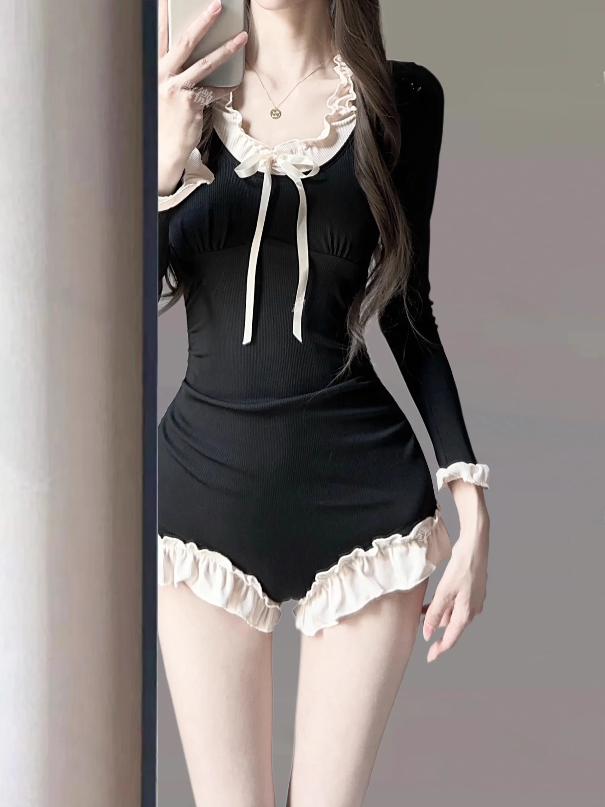 

Beawei Conservative Bla Long Sve Swimsuit for Women Thermal Spa Holiday Beach Vaion Triangular Bodysuit