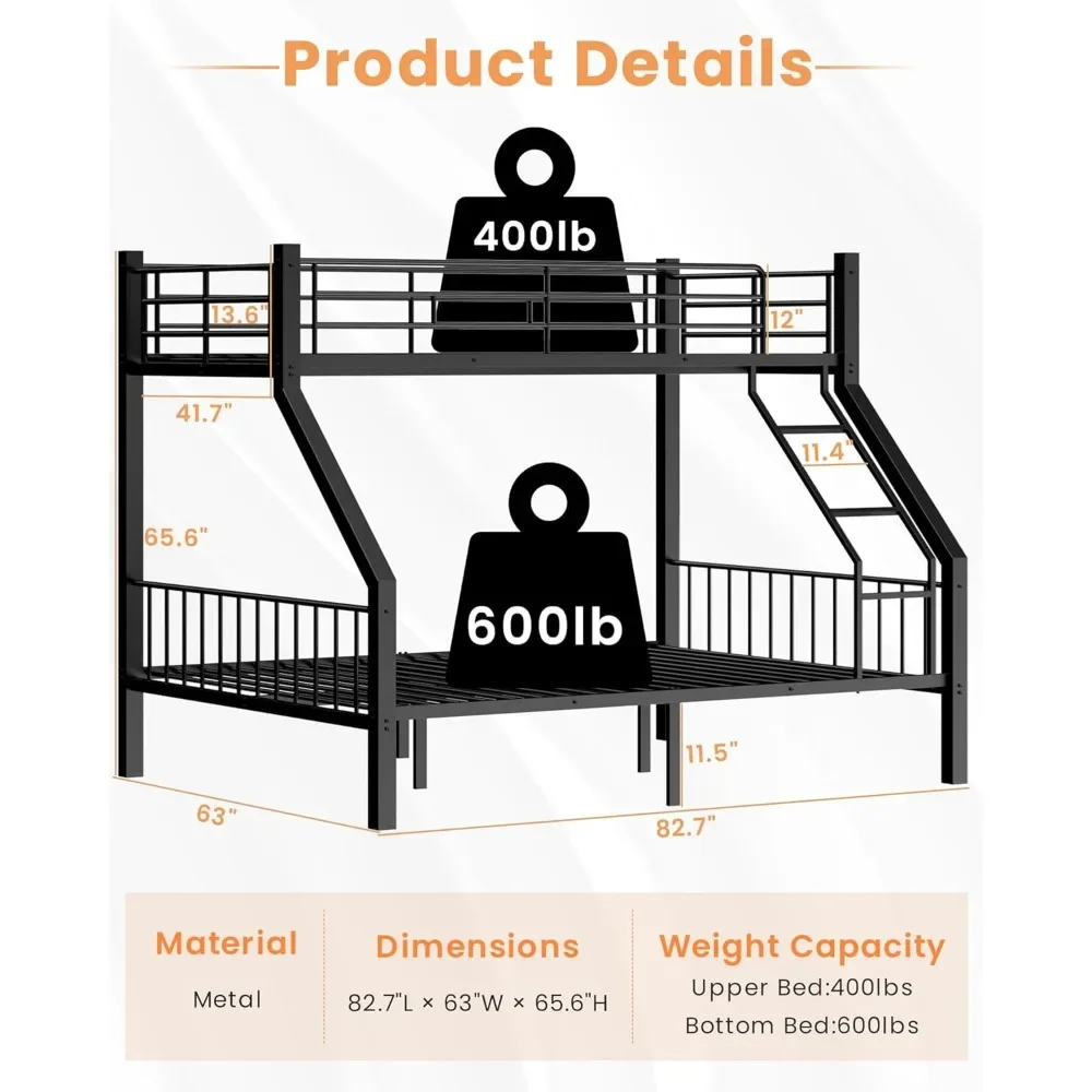

Twin XL Over Queen Bunk Bed, Heavy Duty Bunk Bed with Safety Ladder and Full-Length Guardrails, Metal Queen Bed Frame with Slats