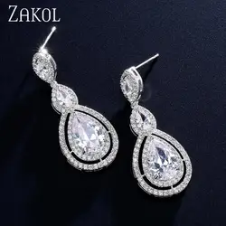 ZAKOL Brilliant White Cubic Zirconia Dangle Earrings for Women Fashion Water Drop Earring Evening Party Bridal Wedding Jewelry