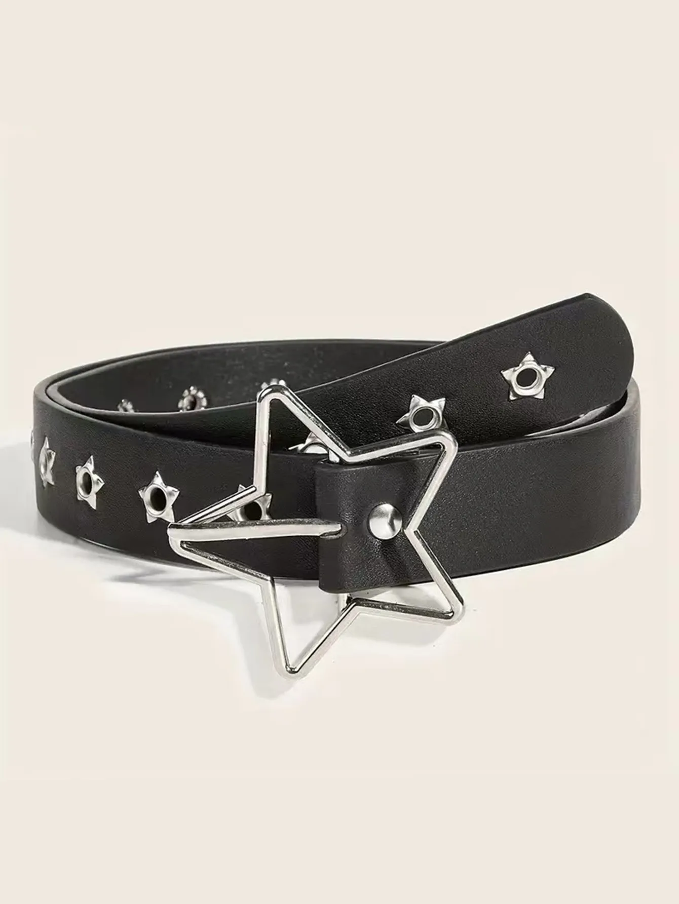Punk-Style Star Embellished Belt with Multiple Holes Fashionable Button Clasp Versatile Waist Belt for Trendy Pants