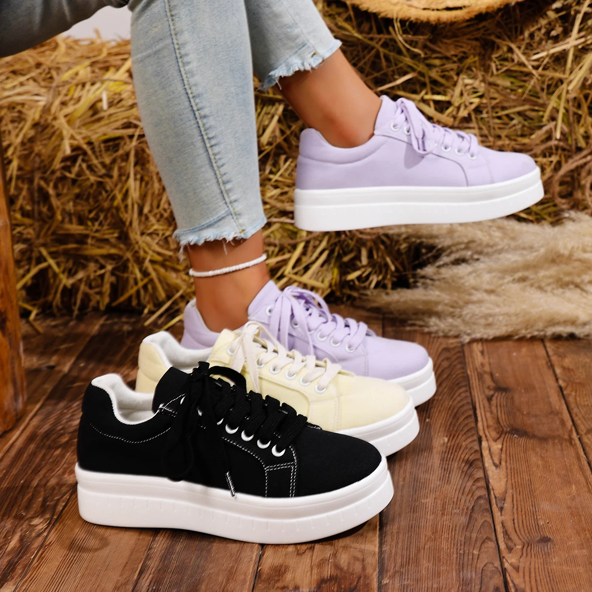 

Purple Platform Canvas Sneakers Woman Thick Sole Lace-up Creepers Tennis Zapatos Female Casual Flat Sport Shoes Travel Footwear