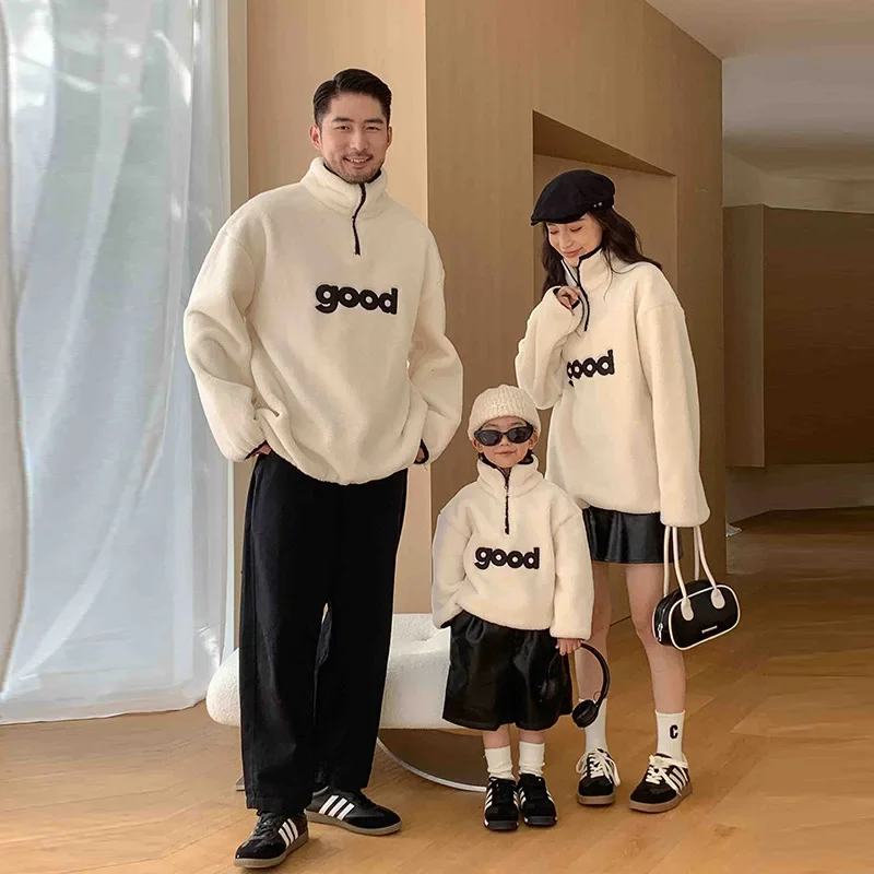 Warm Fleece Sweatshirts for The Whole Family 2023 Winter Father Mother and Baby Girl Boy Thick Tops Mom Dad Daughter Son Clothes