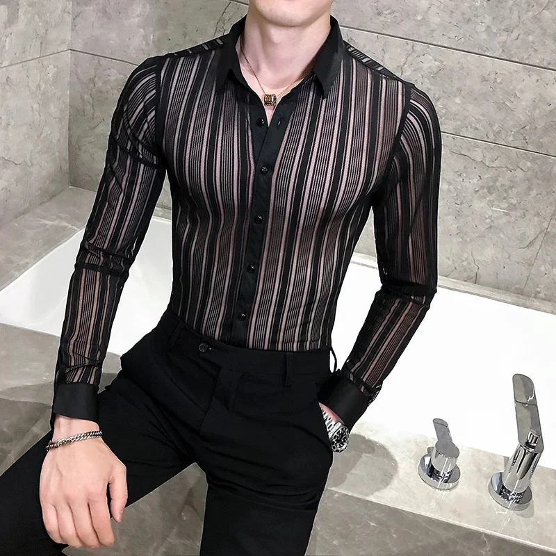 Shirt Fashion See Through Long Sleeve Night Club Blouse Men Top Designer Sexy Striped Shirt Men Korean Casual Men Social Shirts