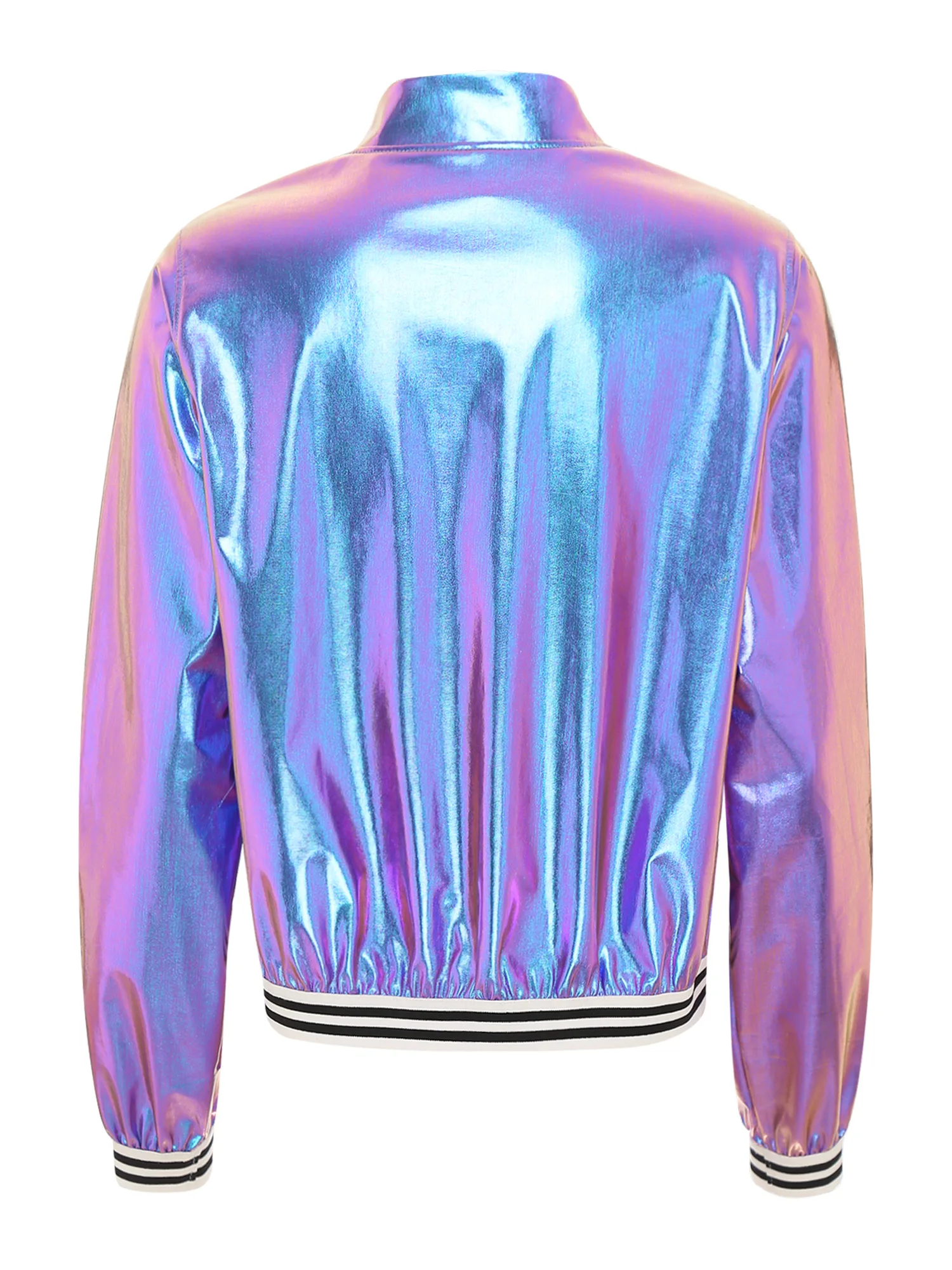 2023 Womens Holographic Metallic Shiny Bomber Jacket Casual Long Sleeve Front Zipper Striped Band Outerwear Baseball Jacket Coat